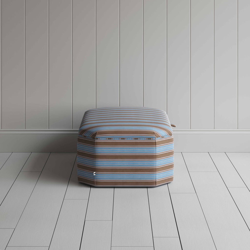  SIde View of Hexagonal Storage Ottoman in Regatta Cotton, Blue - Nicola Harding & Co. 