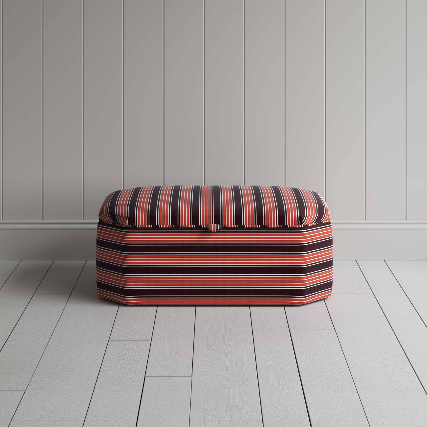 Front View of Hexagonal Storage Ottoman in Regatta Cotton, Flame - Nicola Harding