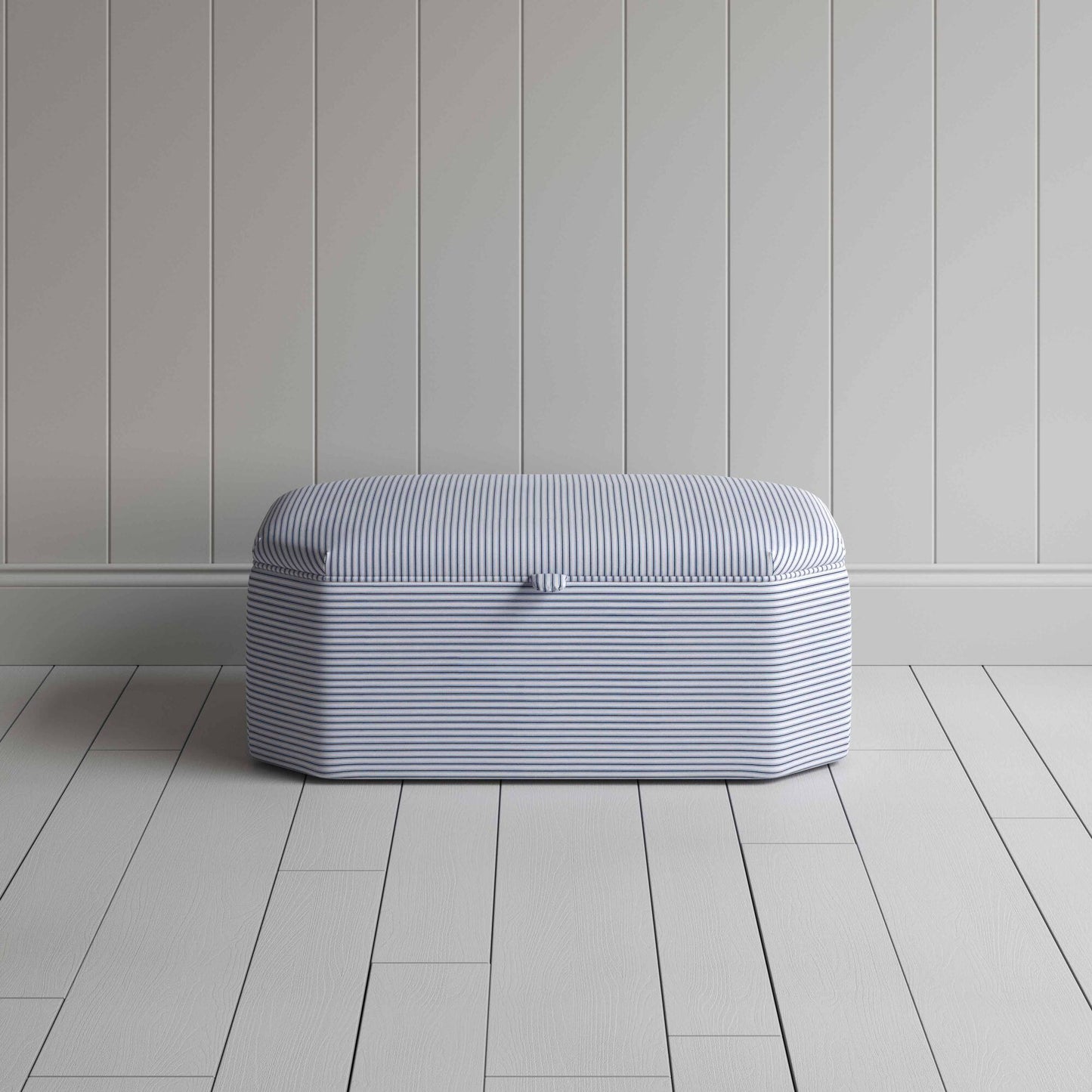 Front View of Storage Ottoman in Ticking Cotton, Aqua Brown - NiX Studio