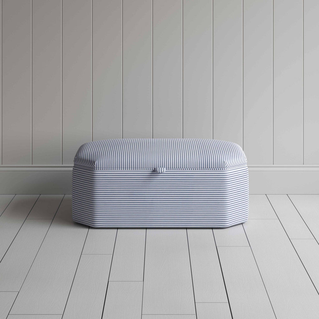 Front View of Storage Ottoman in Ticking Cotton, Aqua Brown - NiX Studio 