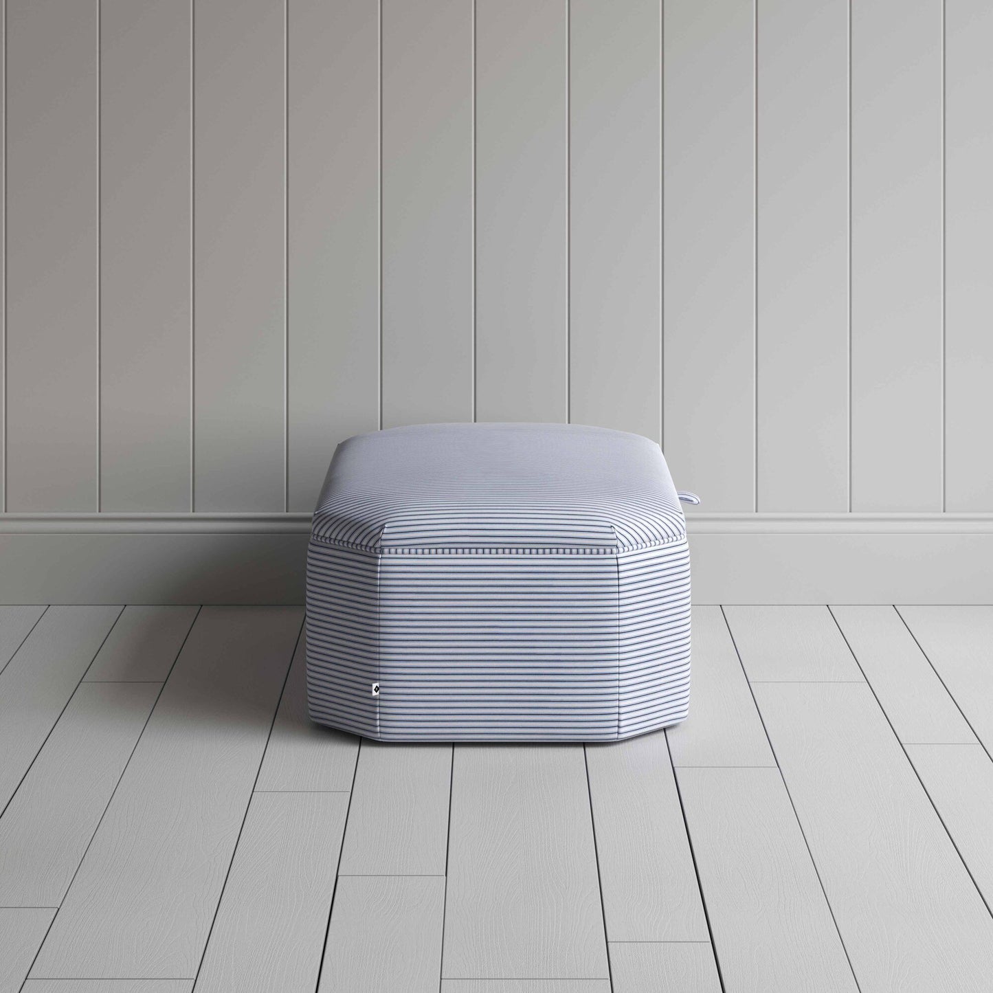 Side View of Hexagonal Storage Ottoman in Ticking Cotton, Aqua Brown - NiX By Nicola Harding & Co.