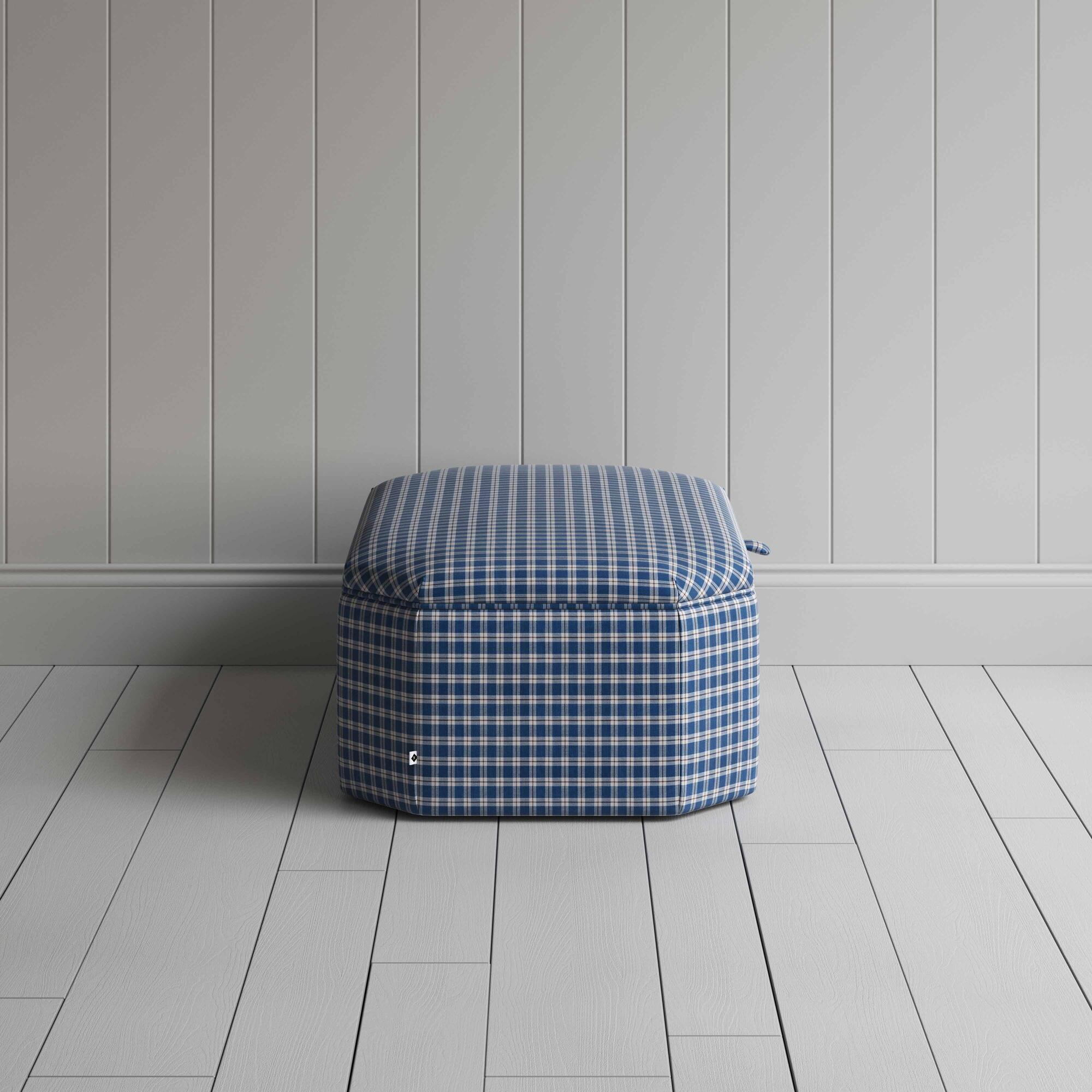  Side View of Hexagonal Storage Ottoman in Well Plaid Cotton, Blue Brown - NiX Studio 