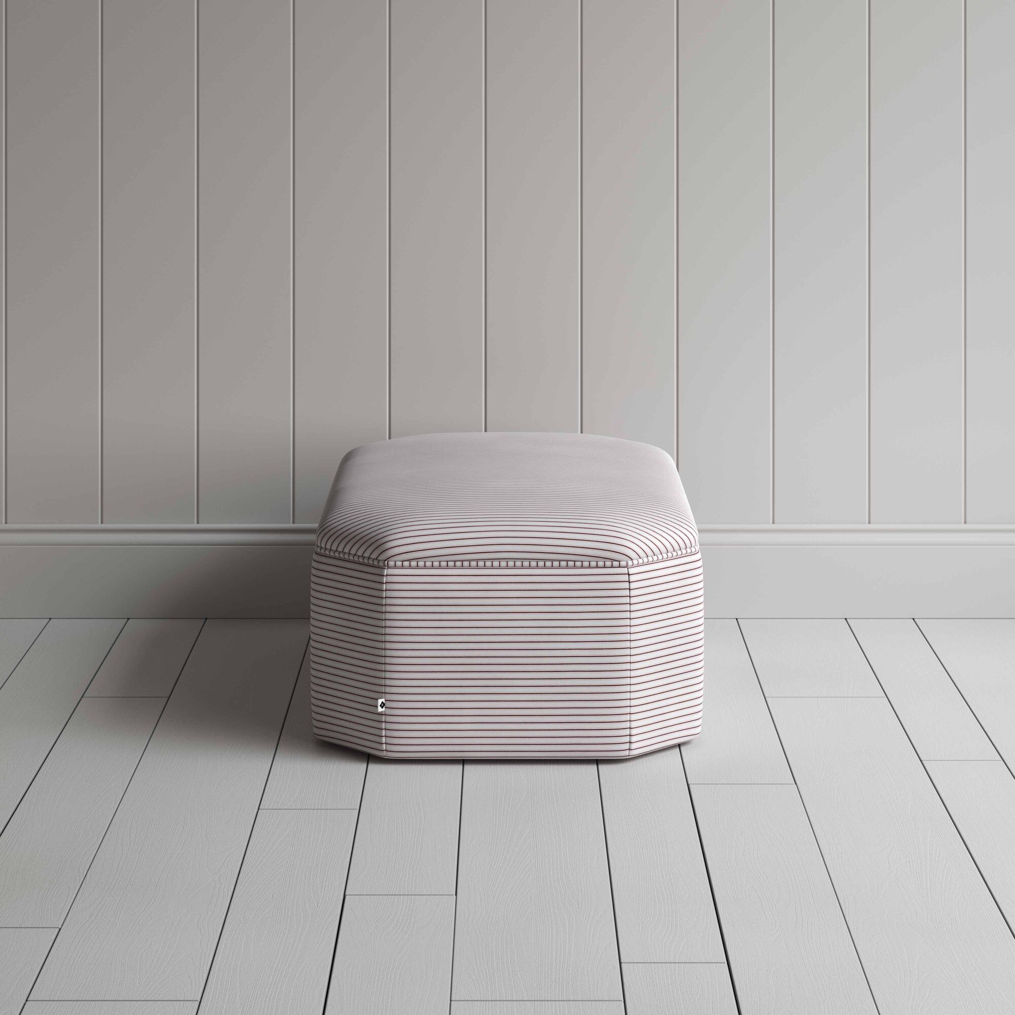  Hither Hexagonal Ottoman in Ticking Cotton, Berry - Nicola Harding 