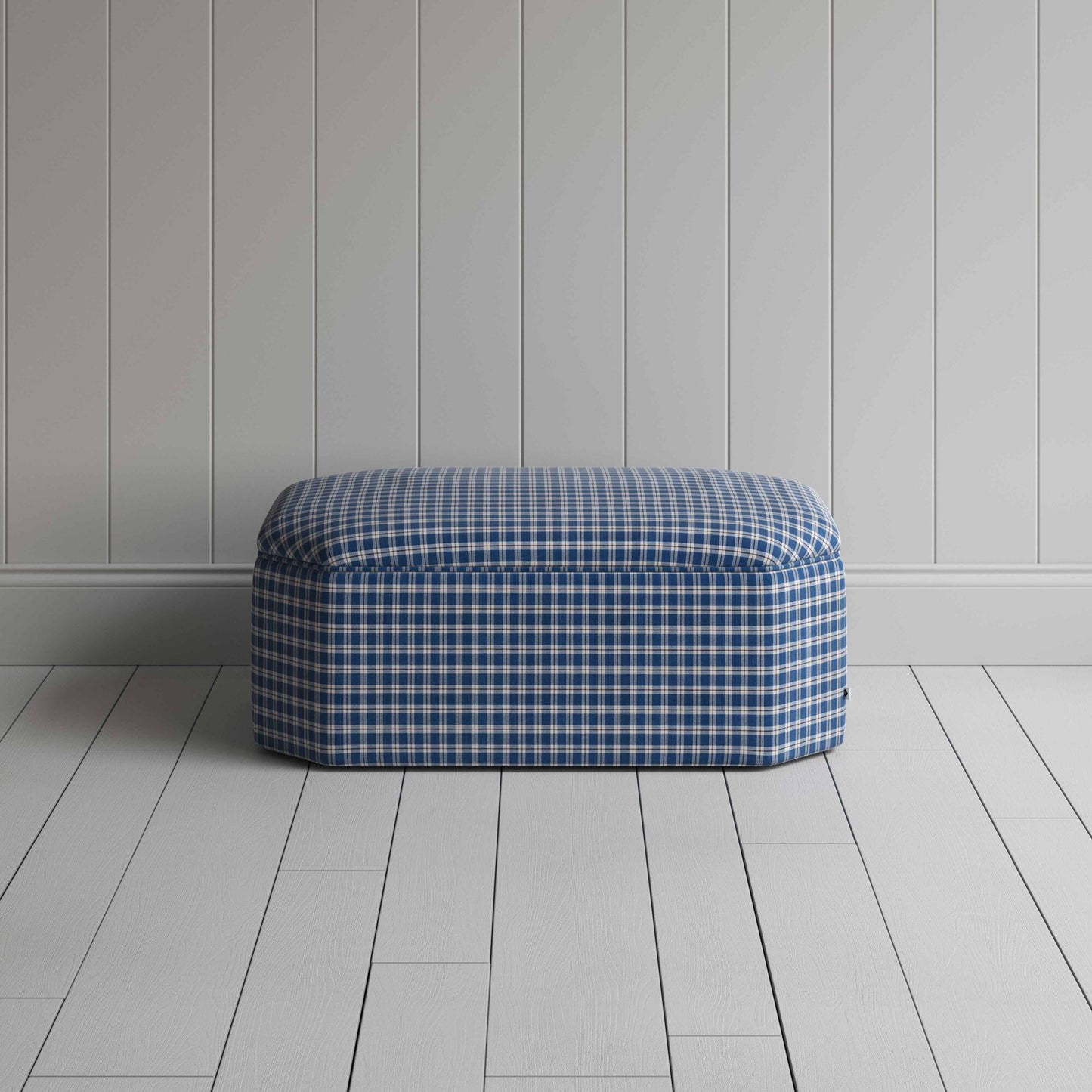 Front View of Ottoman in Well Plaid Cotton, Blue Brown - NiX