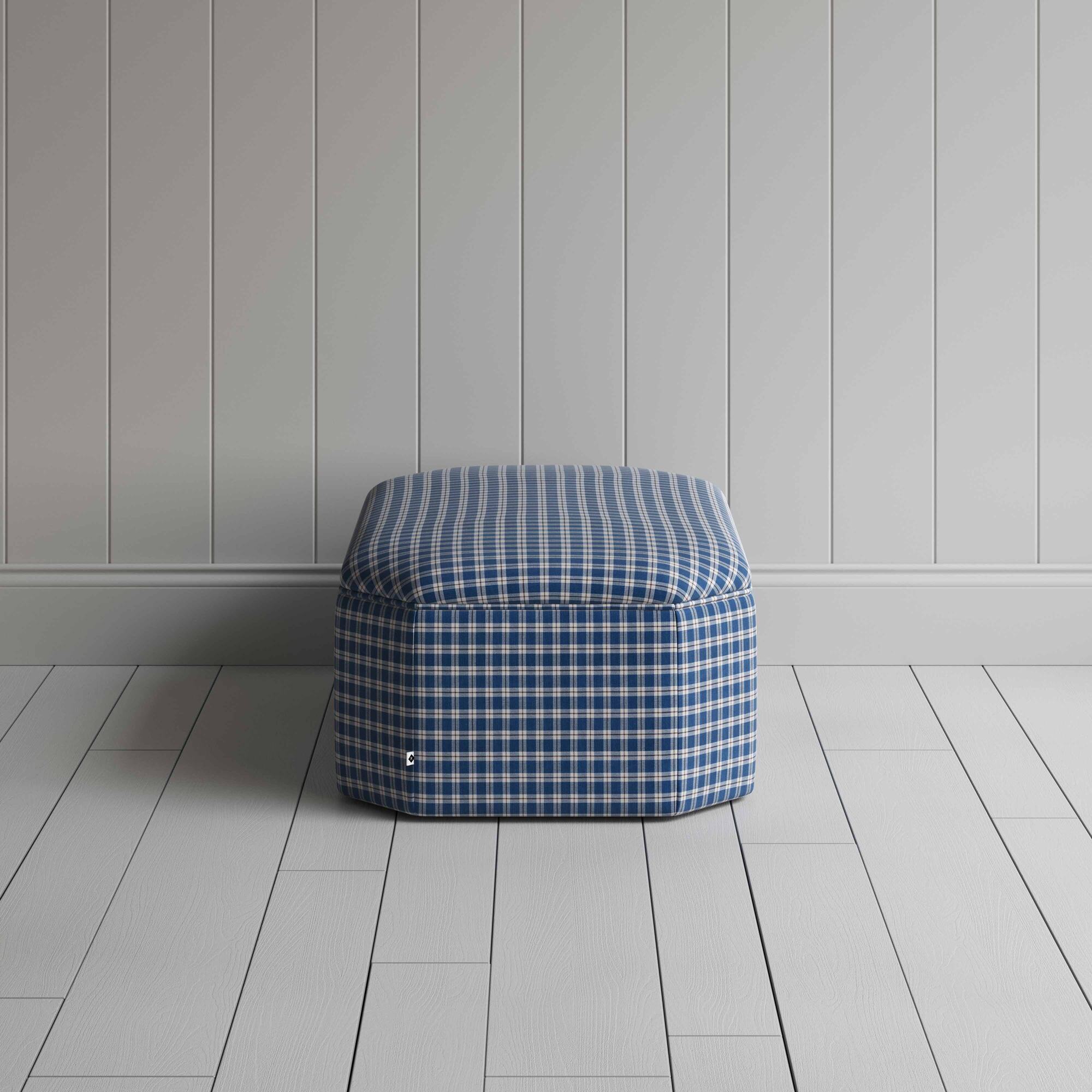  Side View of Ottoman in Well Plaid Cotton, Blue Brown - NiX Studio 