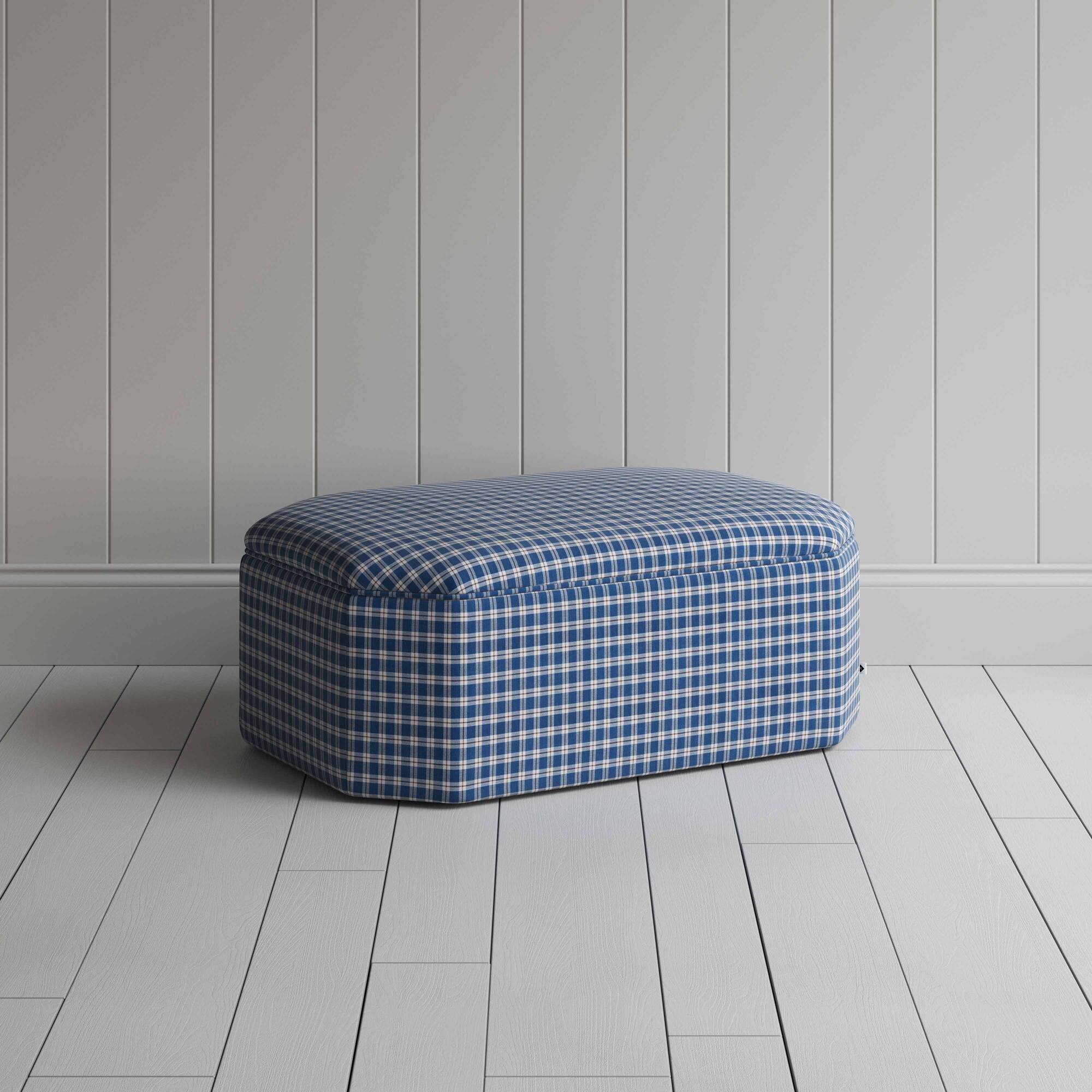  Hither Hexagonal Ottoman in Well Plaid Cotton, Blue Brown - Nicola Harding 