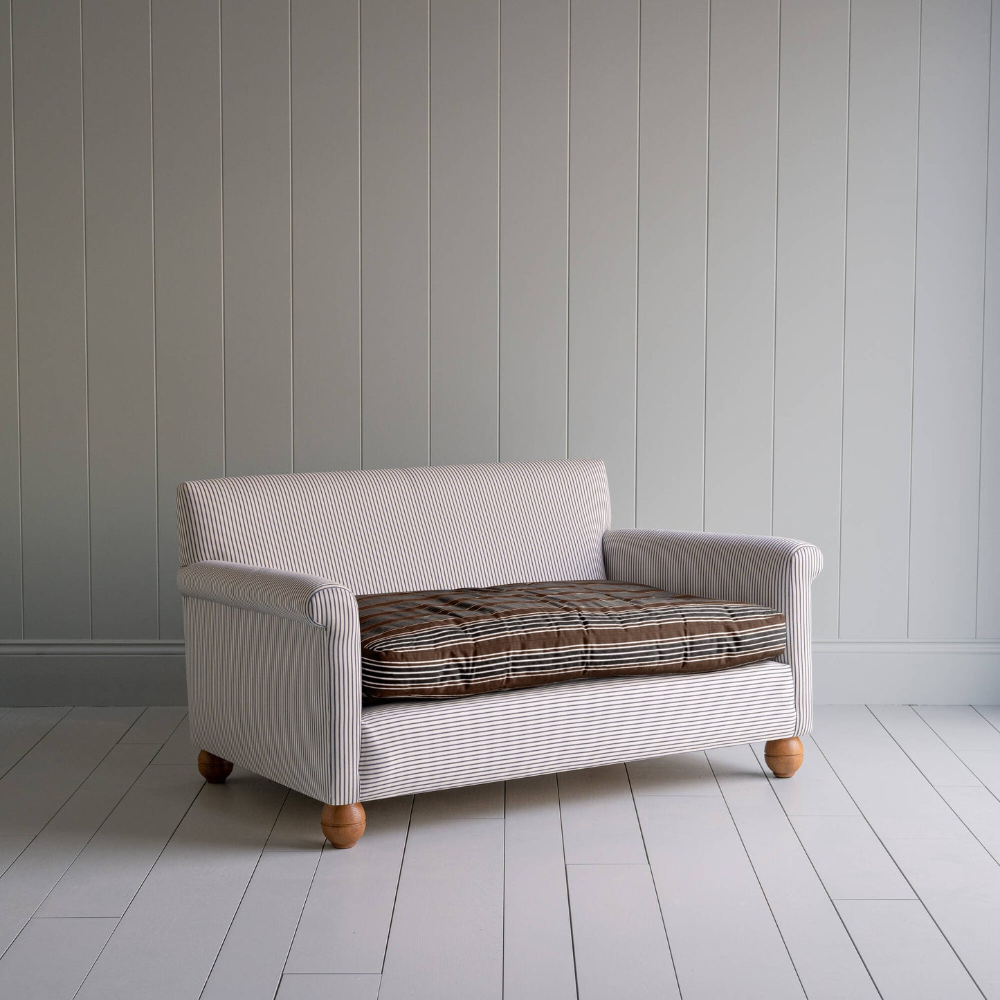 2 Seater Sofa in Ticking Cotton Chocolate Navy Frame and Regatta Charcoal Seat - By NiX
