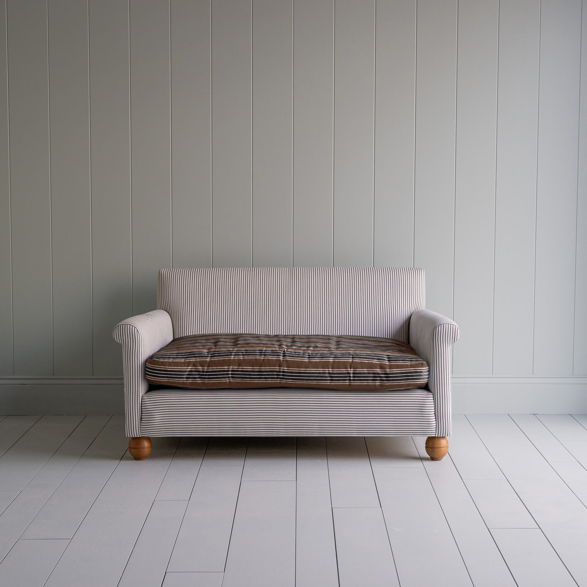 2 Seater Sofa in Ticking Cotton Chocolate Navy Frame and Regatta Charcoal Seat - By NiX 