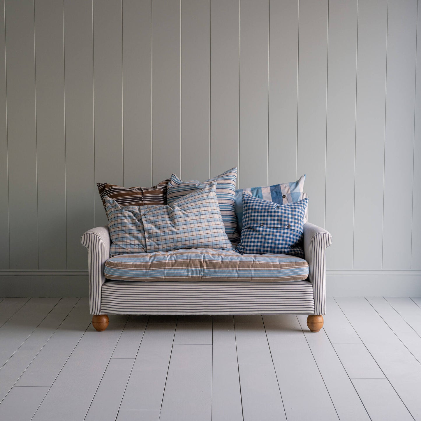 Idler 2 Seater Sofa in Ticking Cotton Chocolate Navy Frame and Regatta Blue Seat