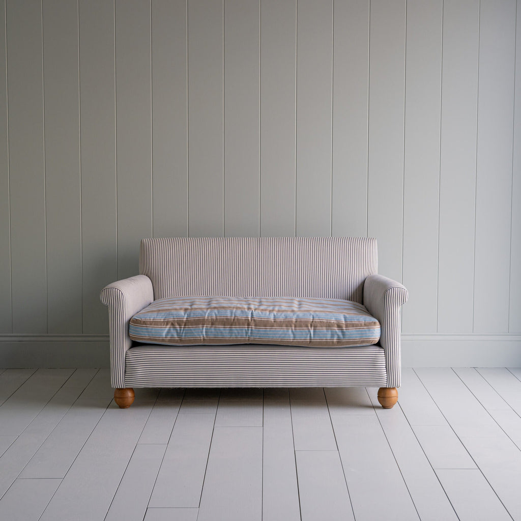  Front View of Idler 2 Seater Sofa in Ticking Cotton Chocolate Navy Frame and Regatta Blue Seat - By NiX 