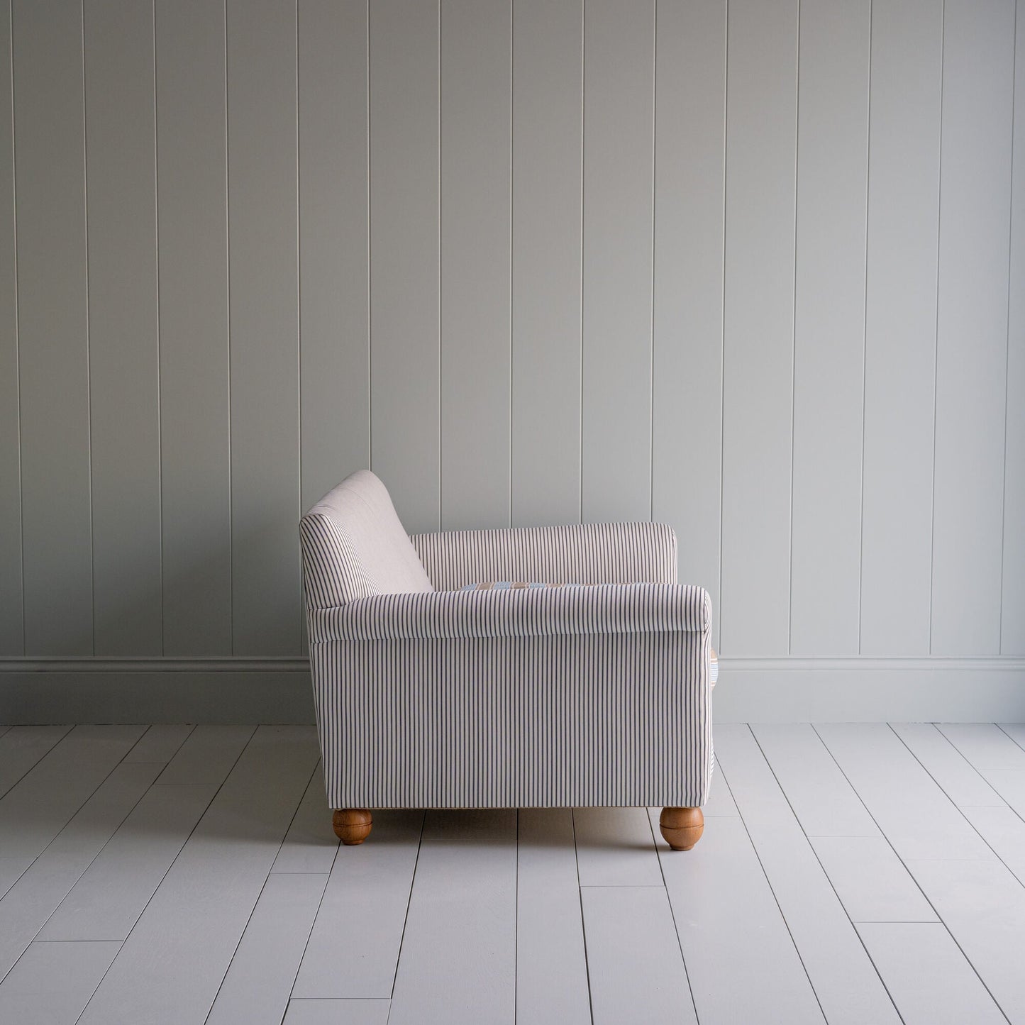 2 Seater Sofa in Ticking Cotton Chocolate Navy Frame Side View - By NiX