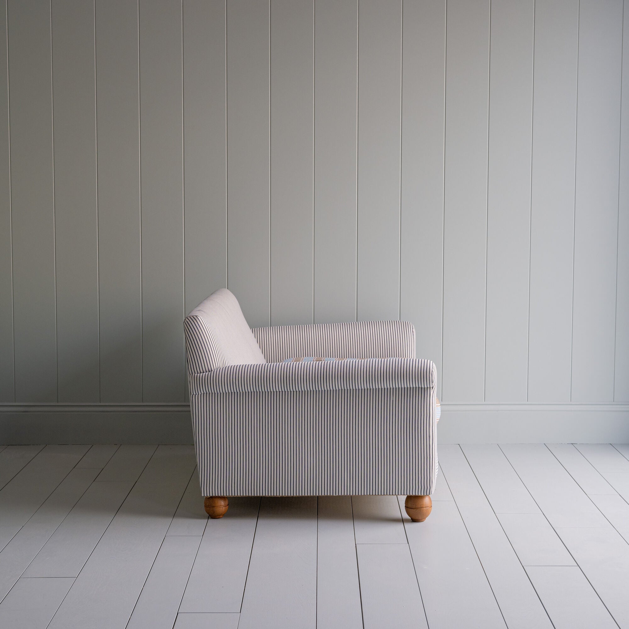  2 Seater Sofa in Ticking Cotton Chocolate Navy Frame Side View - By NiX 