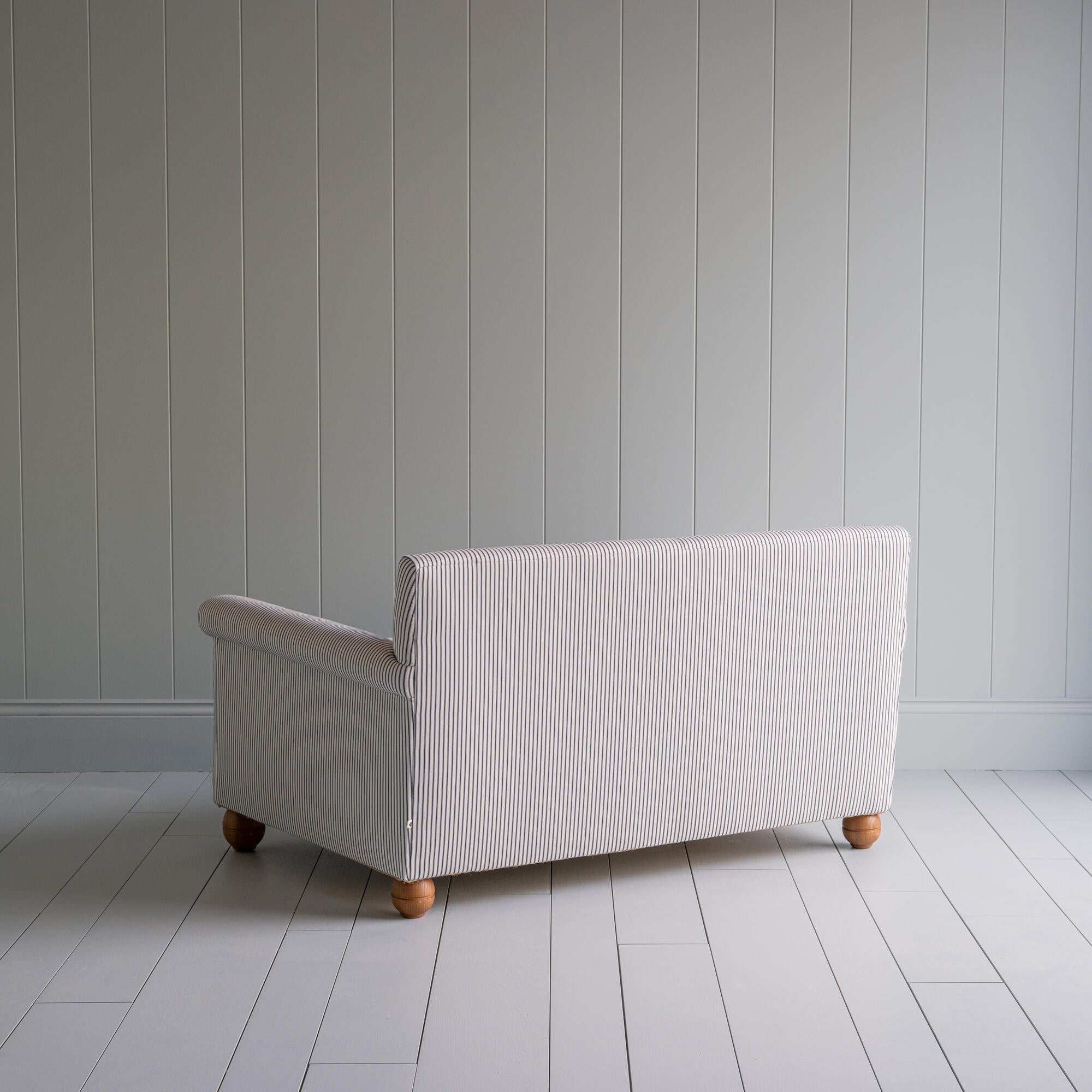  Back View of 2 Seater Sofa in Ticking Cotton Chocolate Navy Frame - By NiX 