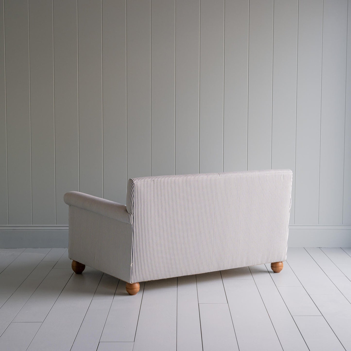 Back View of 2 Seater Sofa in Ticking Cotton Chocolate Navy Frame - By NiX