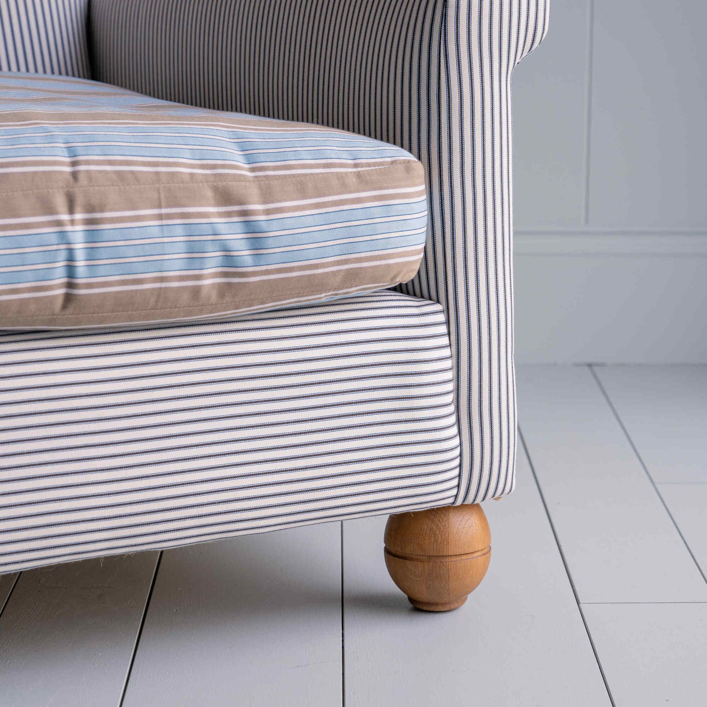 2-seater sofa in Ticking Cotton Chocolate Navy frame with a Regatta Blue seat