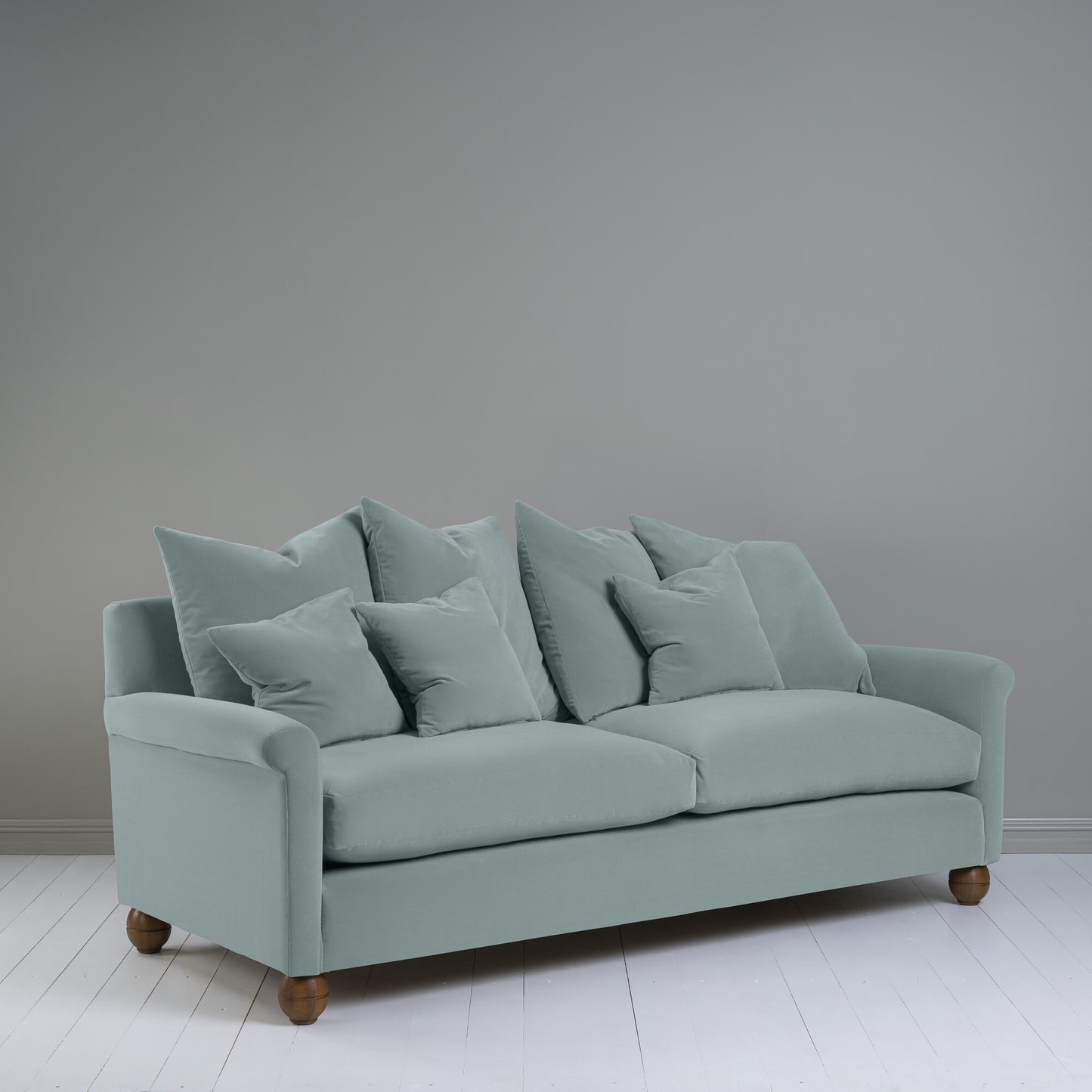 Idler 4 seater sofa in Intelligent Velvet Mineral Side Pose With Cushions - NiX