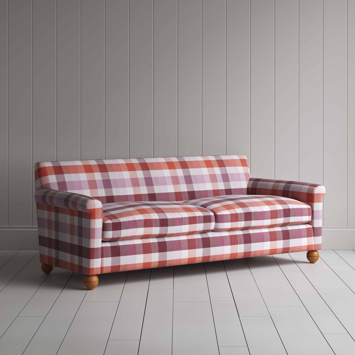 Idler 4 Seater Sofa in Checkmate Cotton, Berry - Nicola Harding