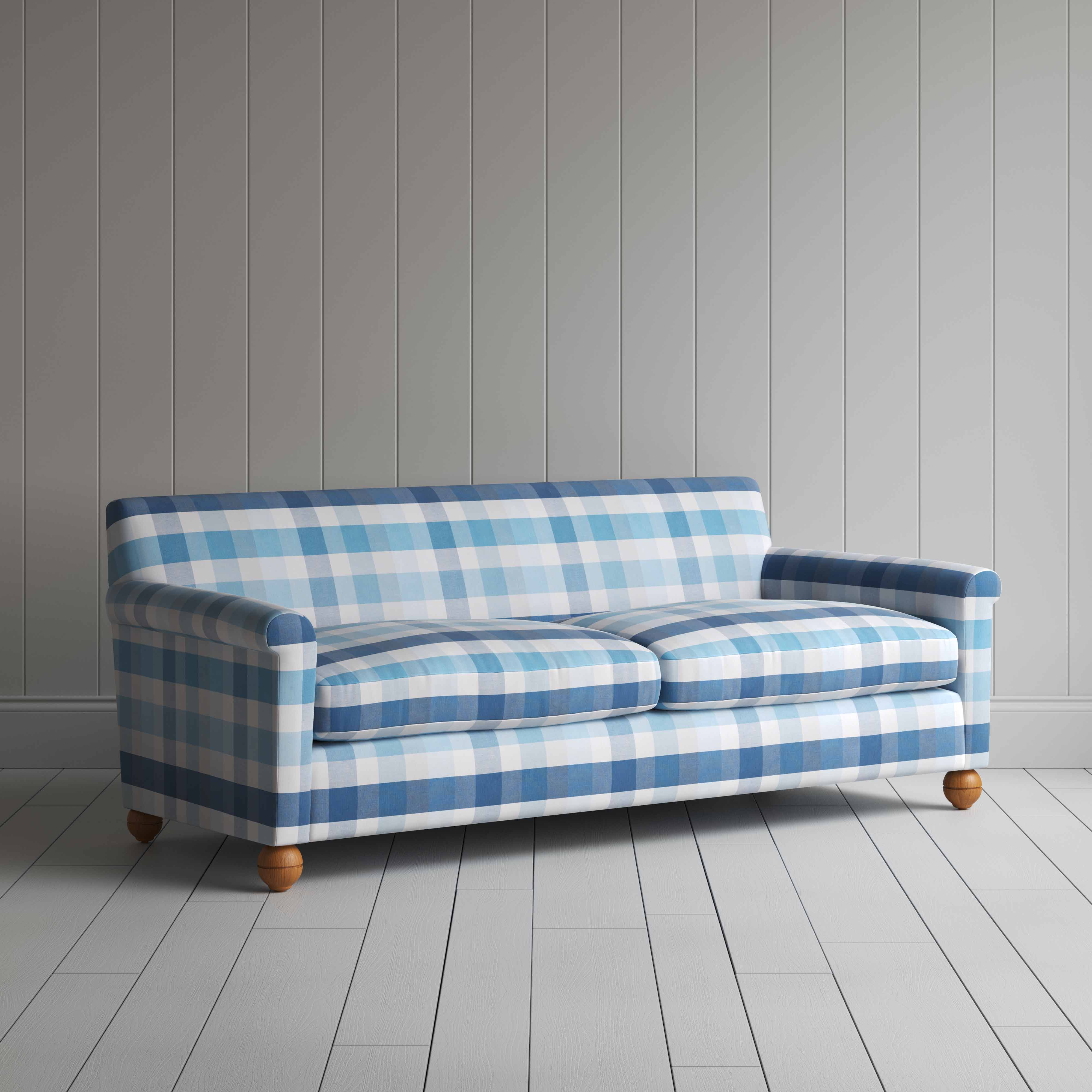  Idler 4 Seater Sofa in Checkmate Cotton, Blue - Nicola Harding 