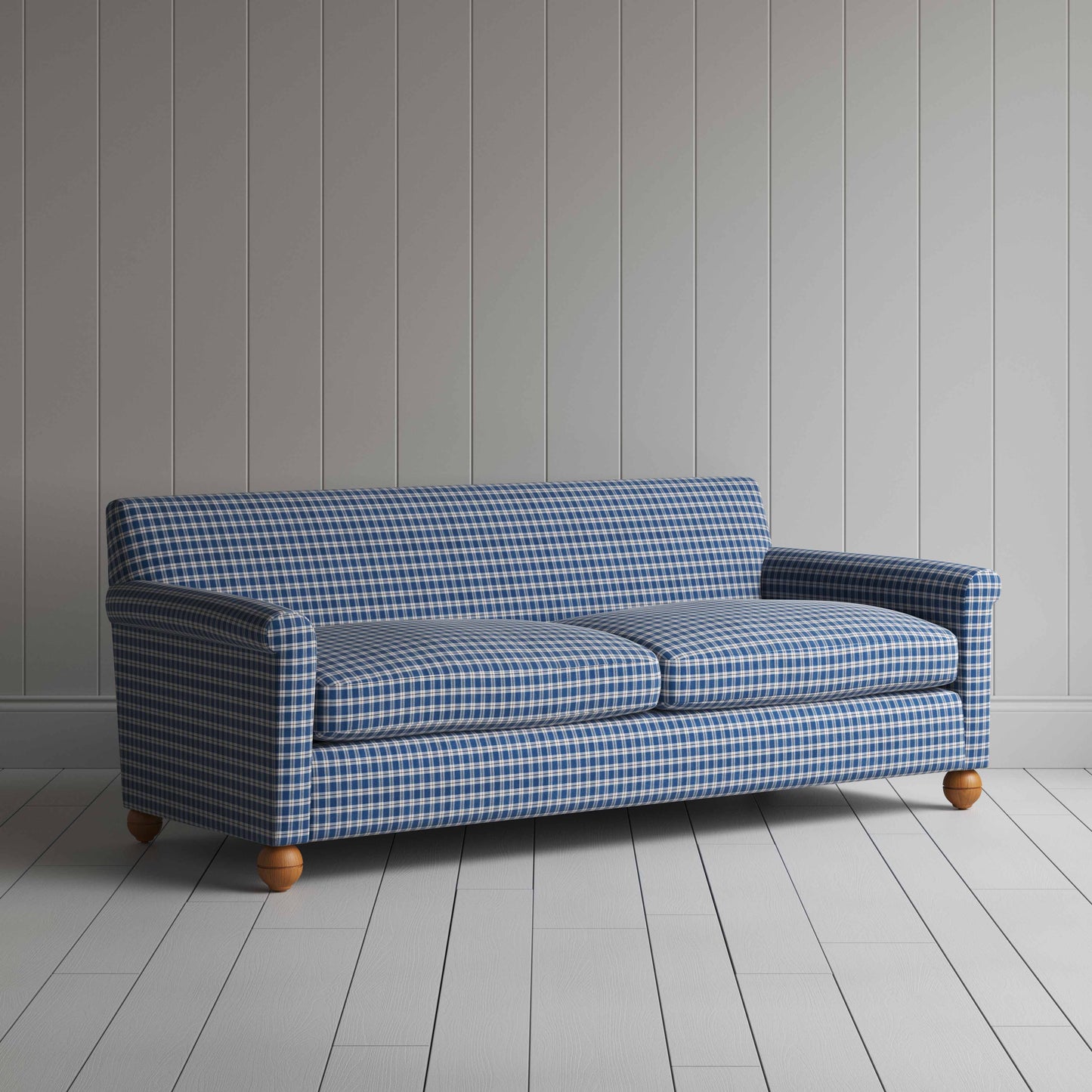 Idler 4 Seater Sofa in Well Plaid Cotton, Blue Brown - Nicola Harding