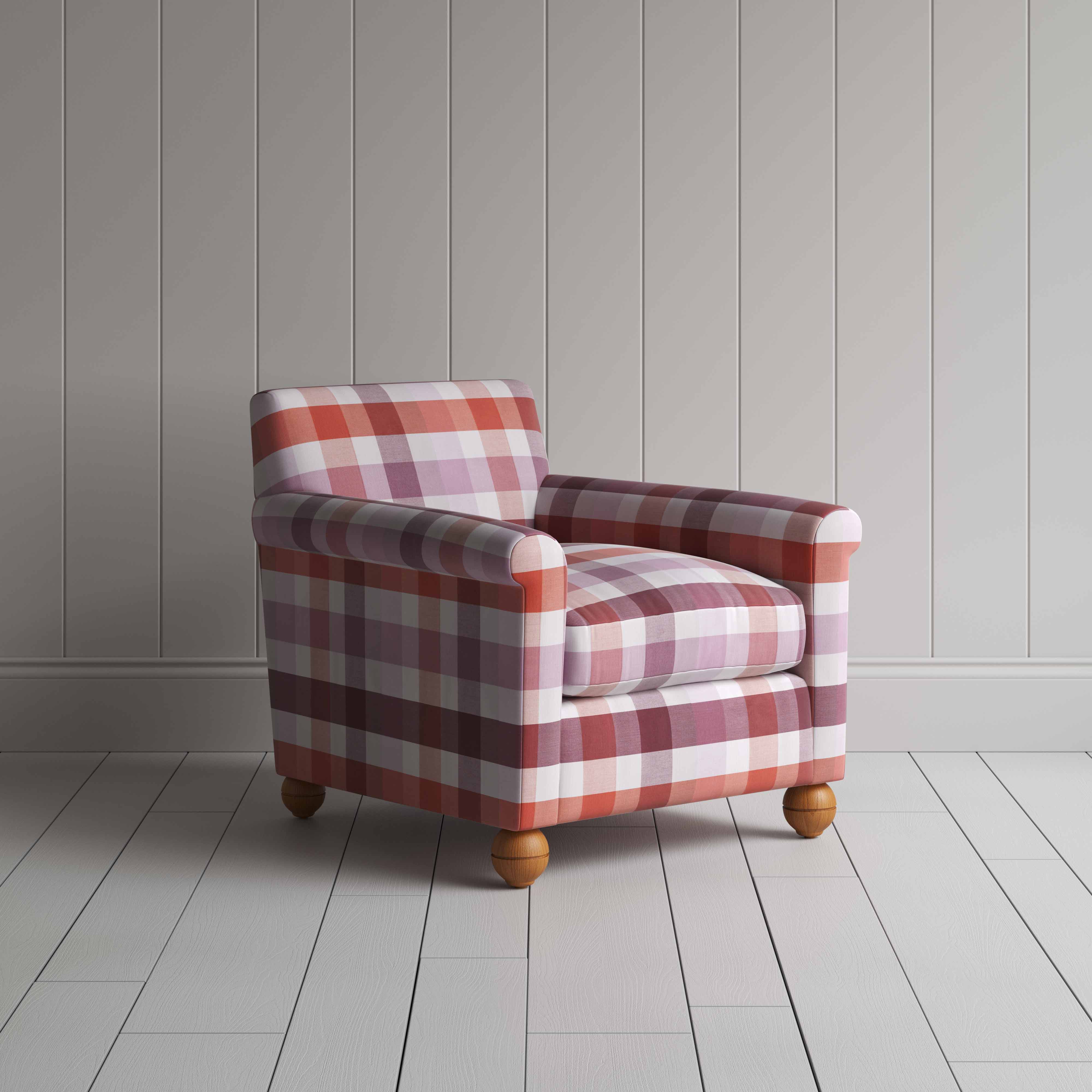  Idler Armchair in Checkmate Cotton, Berry - Nicola Harding 