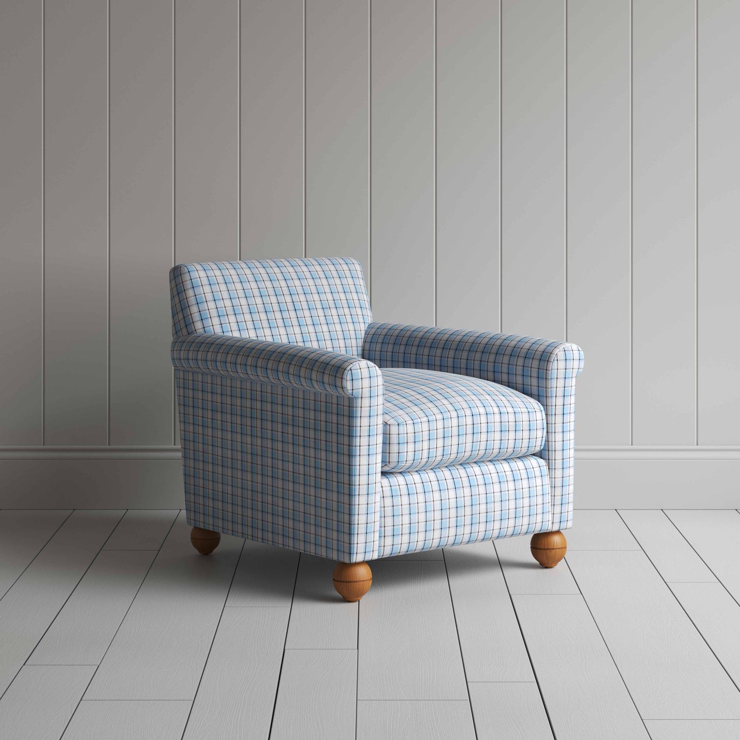 Idler Armchair in Square Deal Cotton, Blue Brown - Nicola Harding