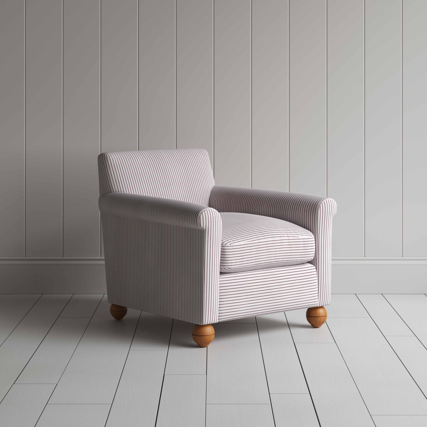 Idler Armchair in Ticking Cotton, Berry - Nicola Harding
