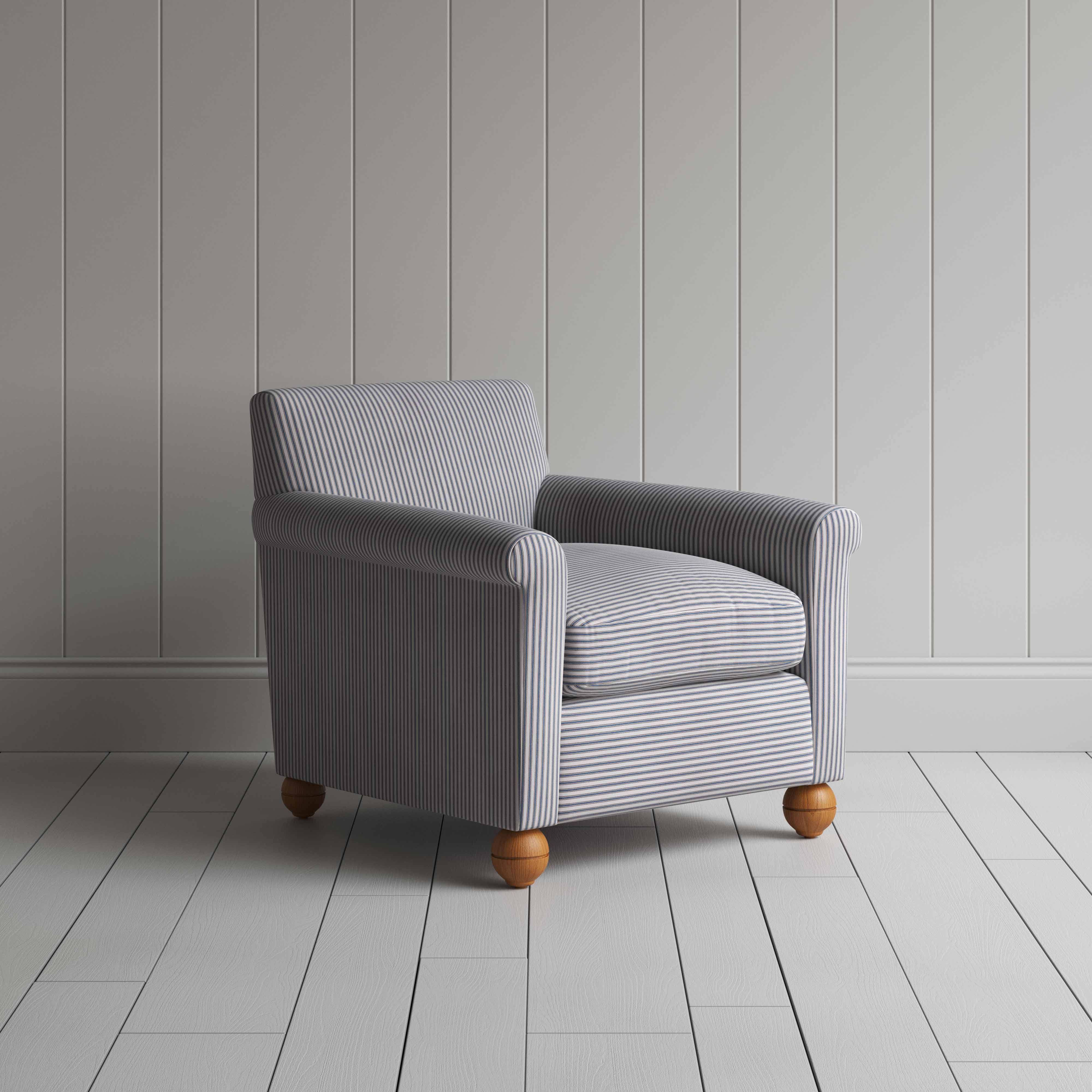  Idler Armchair in Ticking Cotton, Blue Brown - Nicola Harding 