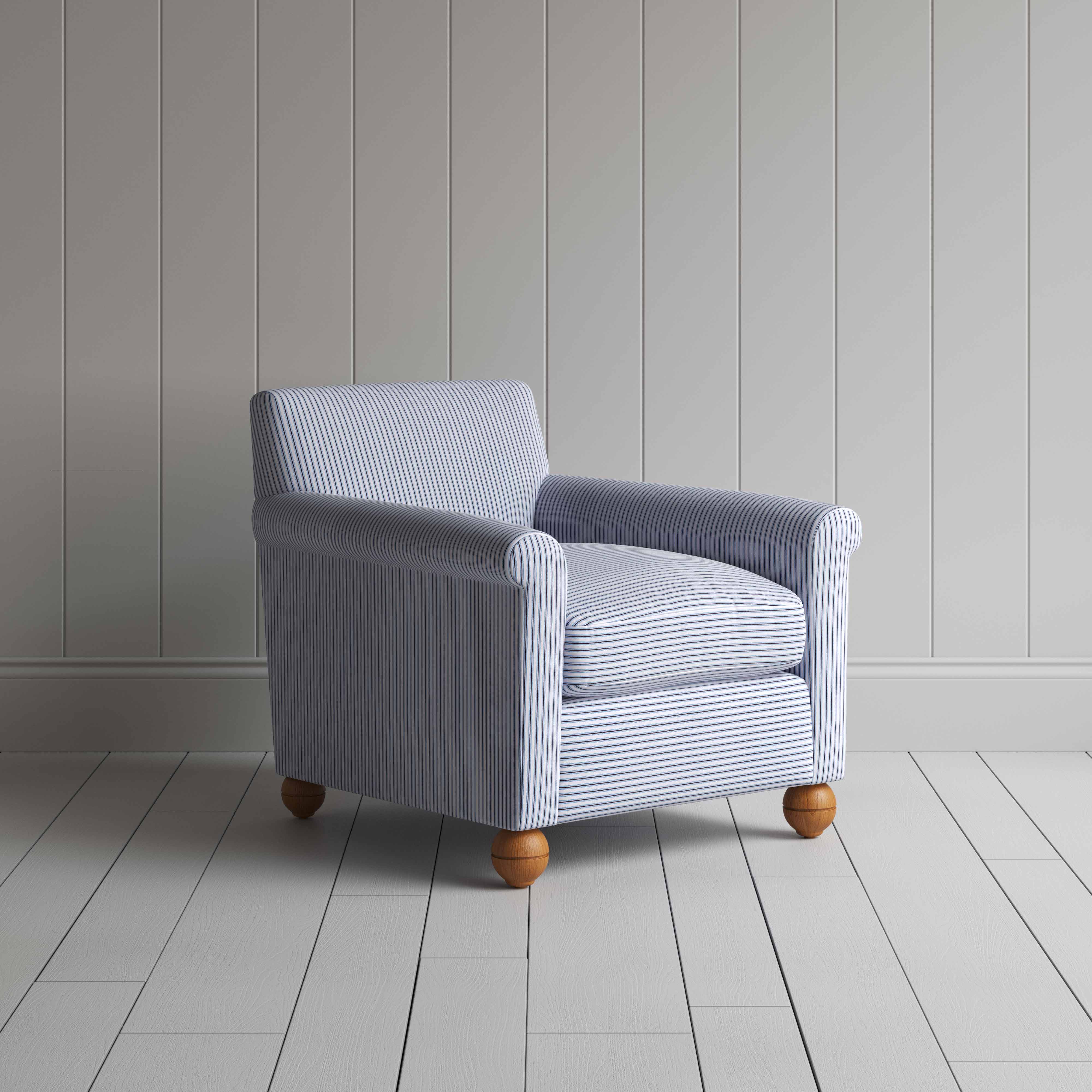  Idler Armchair in Ticking Cotton, Aqua Brown - Nicola Harding 