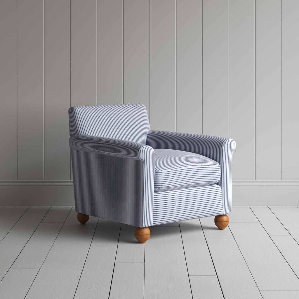  Idler Armchair in Ticking Cotton, Aqua Brown - Nicola Harding 
