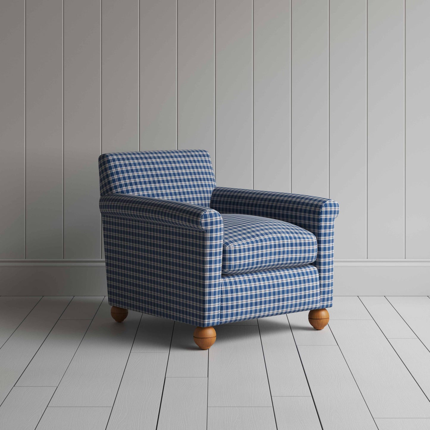 Idler Armchair in Well Plaid Cotton, Blue Brown - Nicola Harding