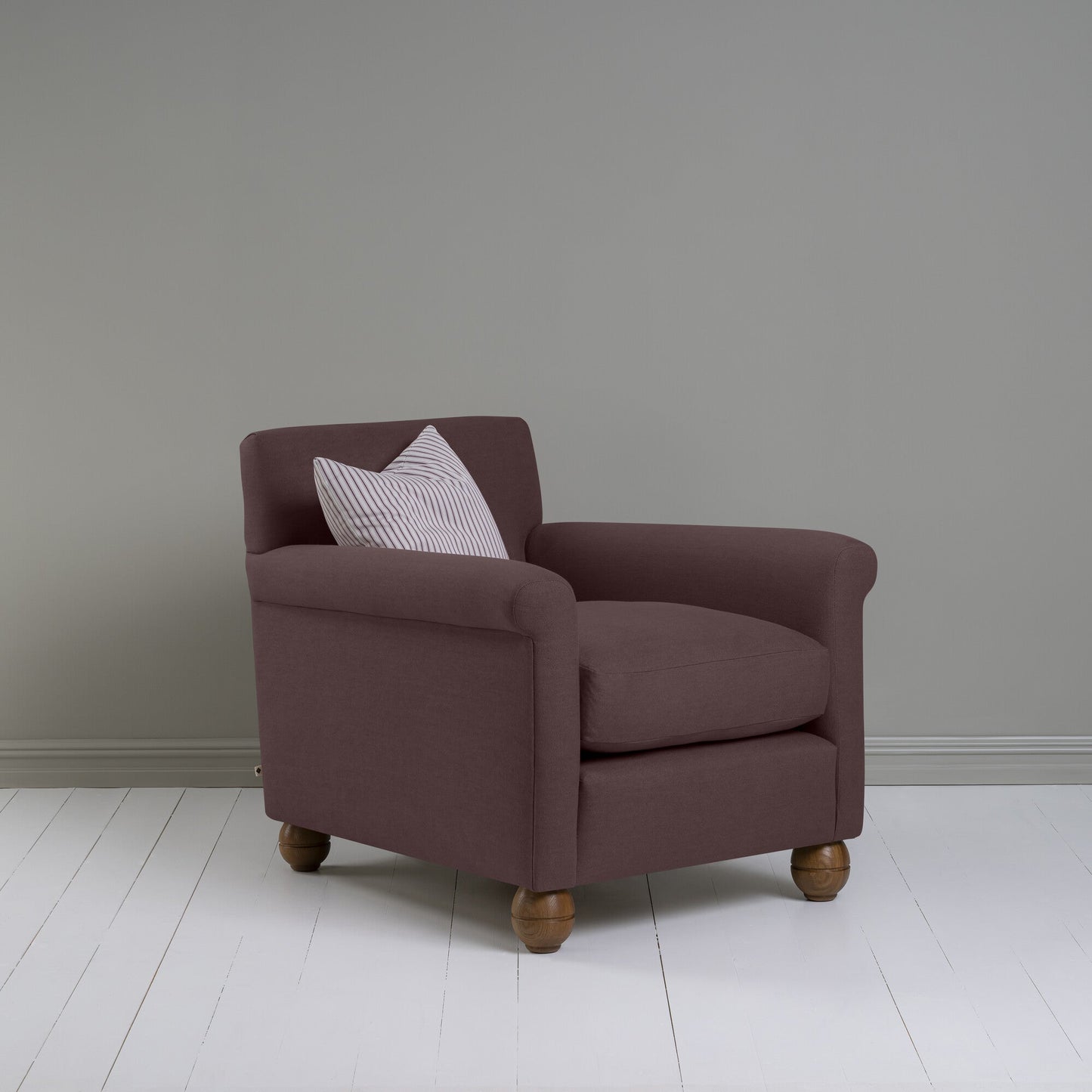 Idler Armchair in Laidback Linen Damson Side View With Cushion - By NiX