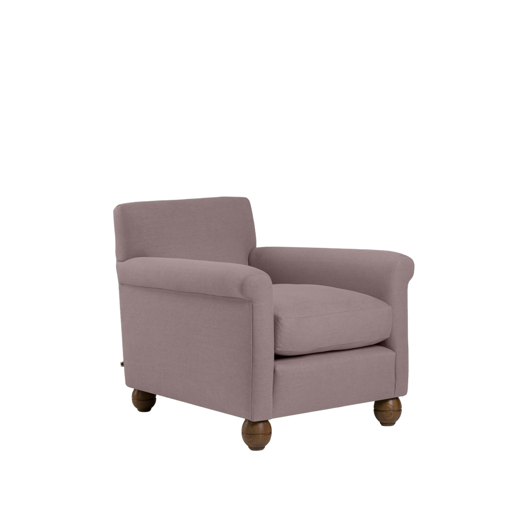  Idler armchair in Laidback Linen Heather with turned wood feet, handmade in the UK by Nicola Harding 