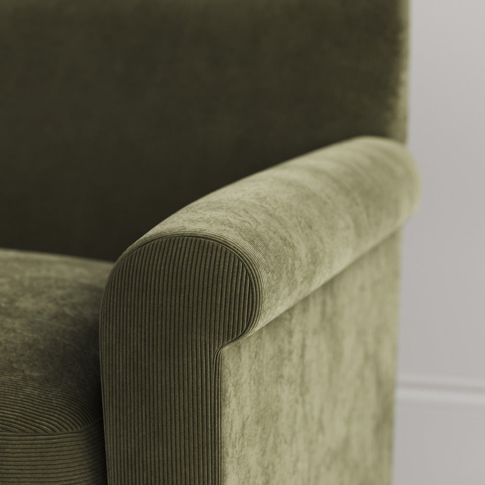  Arm detail of the Idler sofa in Caper Classic Corduroy. 