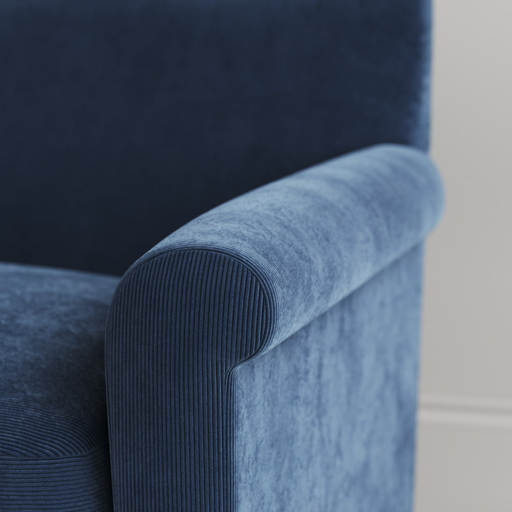  Arm detail of the Idler sofa in Dark Blue Classic Corduroy 