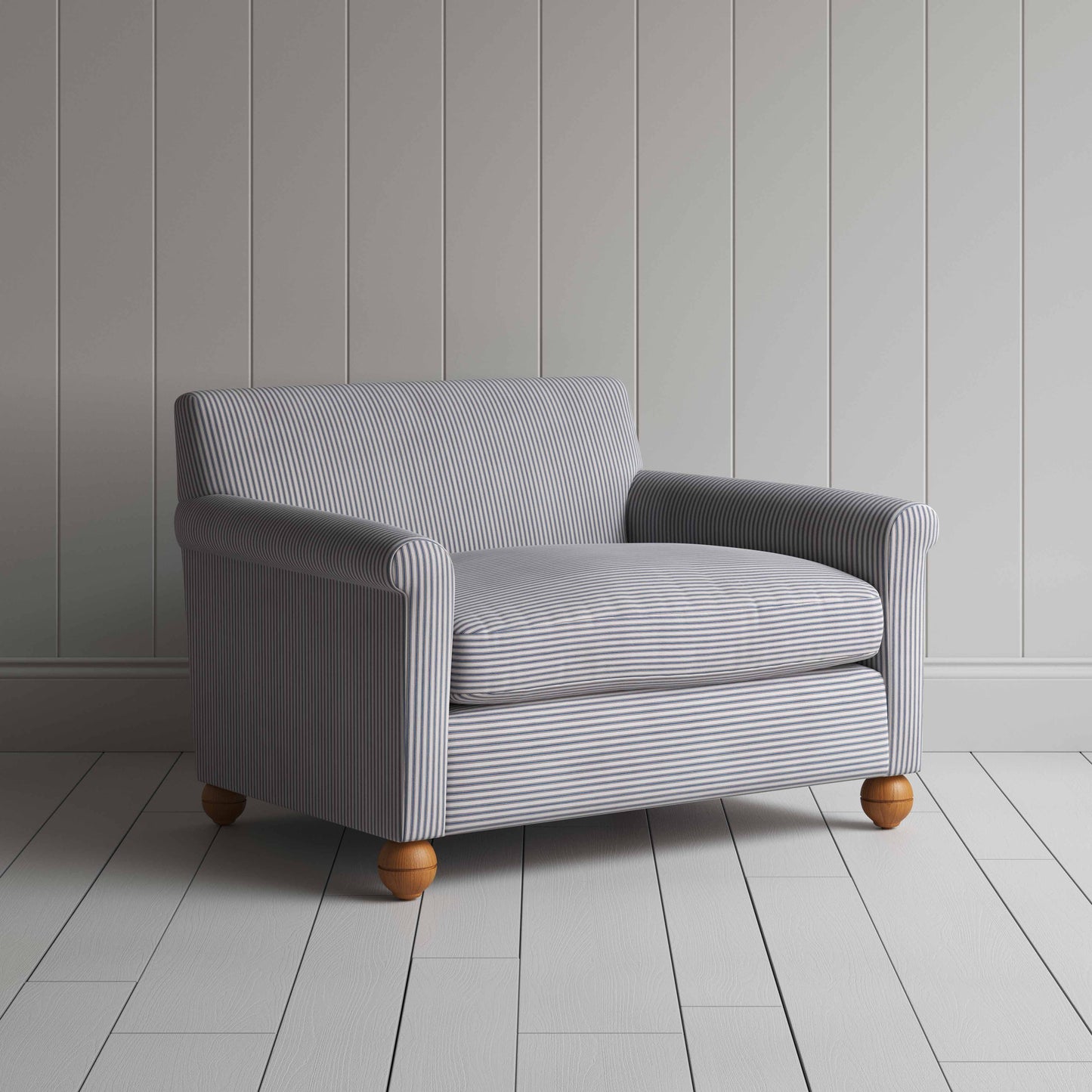 Idler Love Seat in Ticking Cotton, Blue Brown - Nicola Harding