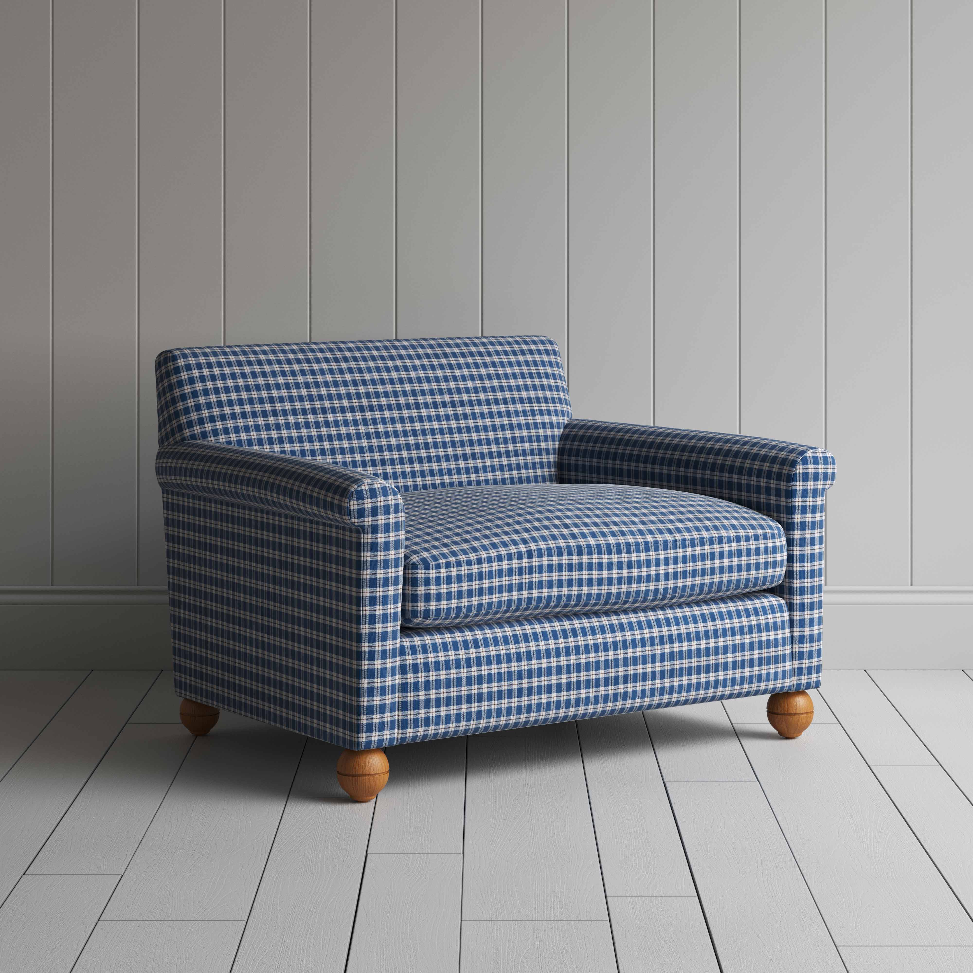  Idler Love Seat in Well Plaid Cotton, Blue Brown - Nicola Harding 