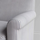  Idler 4 Seater Sofa in Ticking Cotton, Blue Brown, Arm Design Closeup - By NiX 