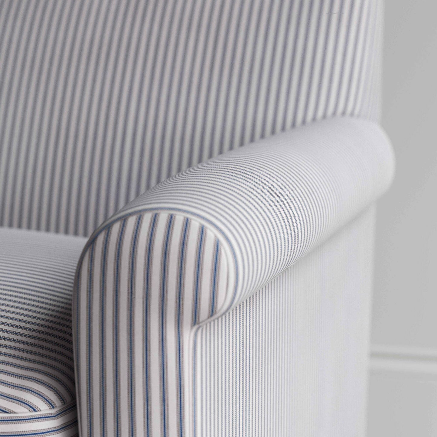 Idler 4 Seater Sofa in Ticking Cotton, Blue Brown, Arm Design Closeup - By NiX