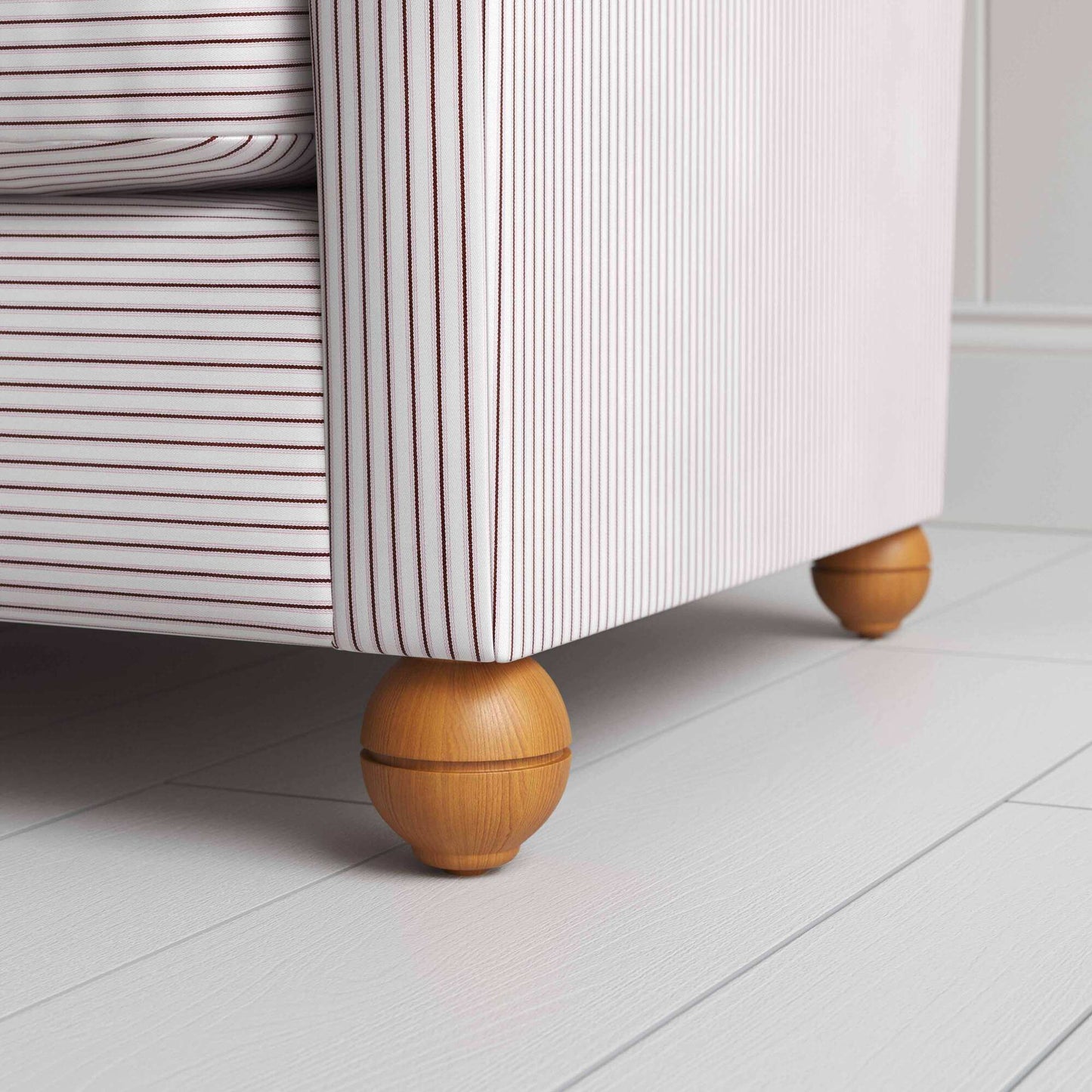 NiX Seating Furniture in Ticking Cotton, Berry, Round Wooden Foot Closeup - By NiX