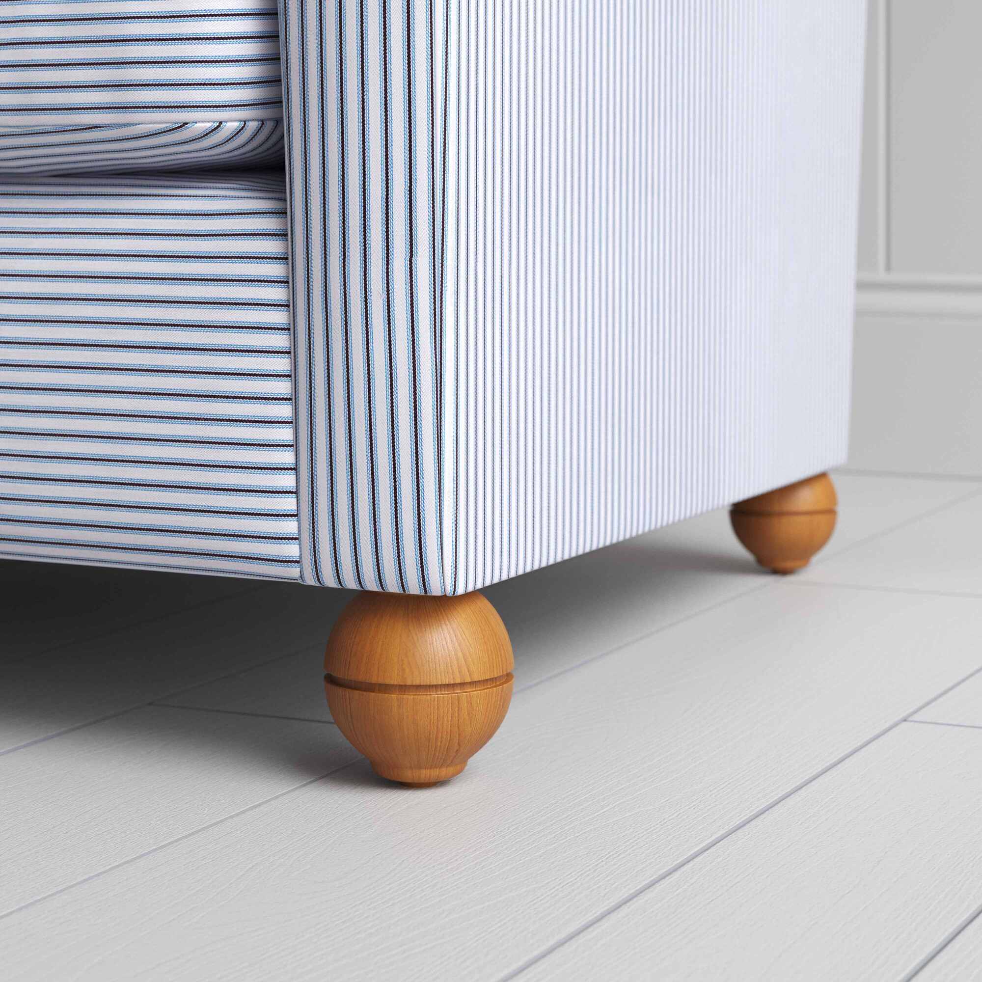  Seating Furniture in Ticking Cotton, Aqua Brown, Round Wooden Foot Closeup - By NiX 