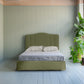 Cloud Nine Upholstered Bed in Intelligent Velvet Green Tea with Kick Pleat Valance front-view.