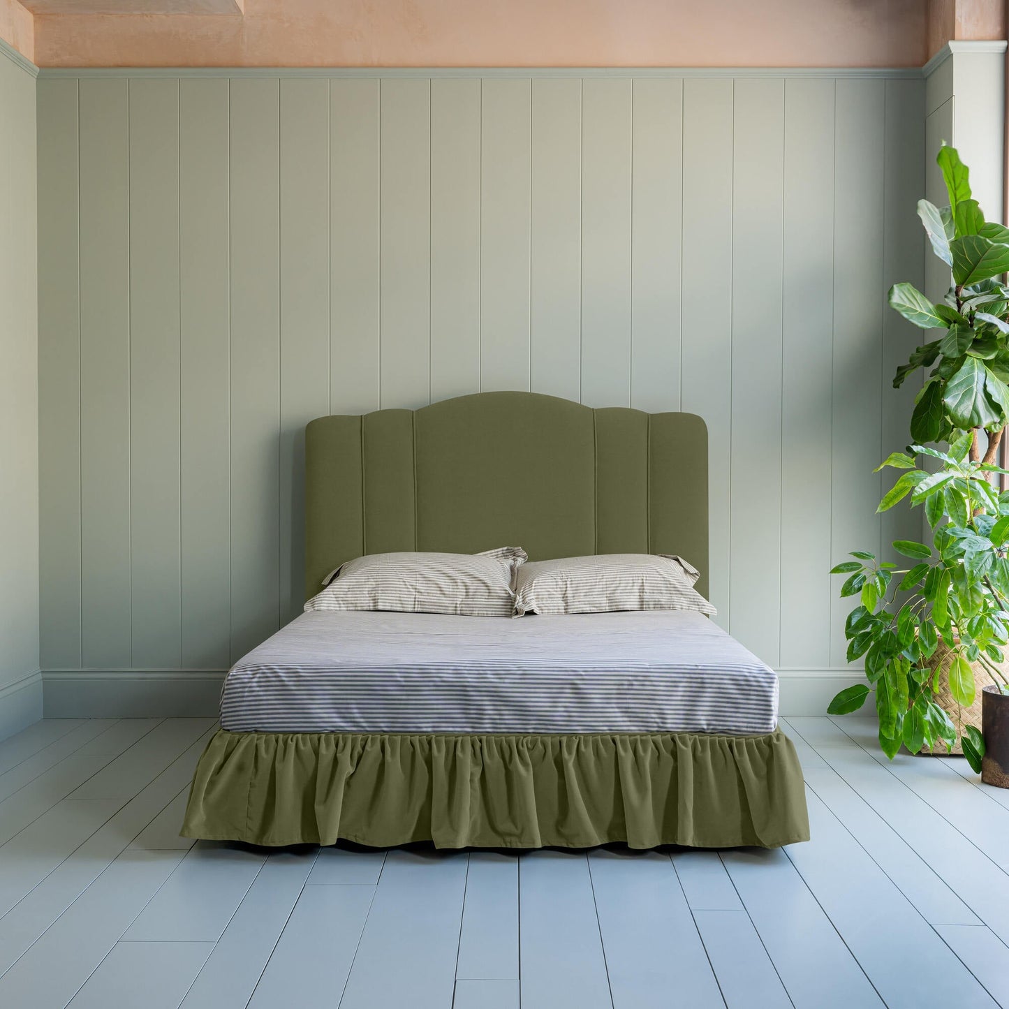 Cloud Nine Upholstered Bed in Intelligent Velvet Green Tea with Ruffled Valance front view.