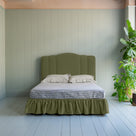 Cloud Nine Upholstered Bed in Intelligent Velvet Green Tea with Ruffled Valance front view. 