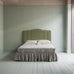 image of Cloud Nine Upholstered Bed in Intelligent Velvet Green Tea with Ticking Cotton Ruffled Valance