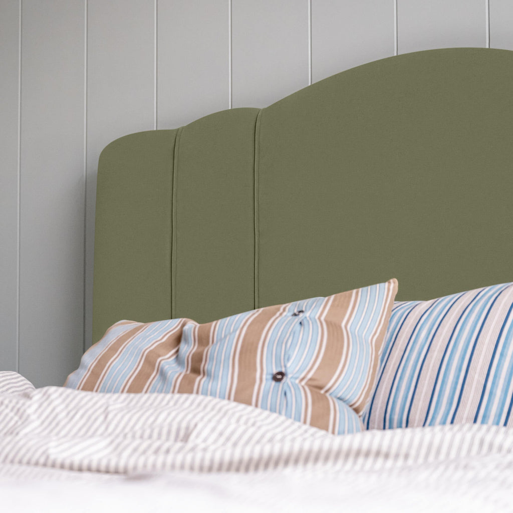  Cloud Nine Upholstered king size  Bed in Intelligent Velvet Green Tea, designs and stitching closeup. 