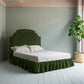 Seventh Heaven Upholstered Bed in Intelligent Velvet Juniper with Ruffled Valance complete bed picture with an indoor plant on the left.