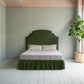 Seventh Heaven Upholstered Bed in Intelligent Velvet Juniper with Ruffled Valance Front-View.
