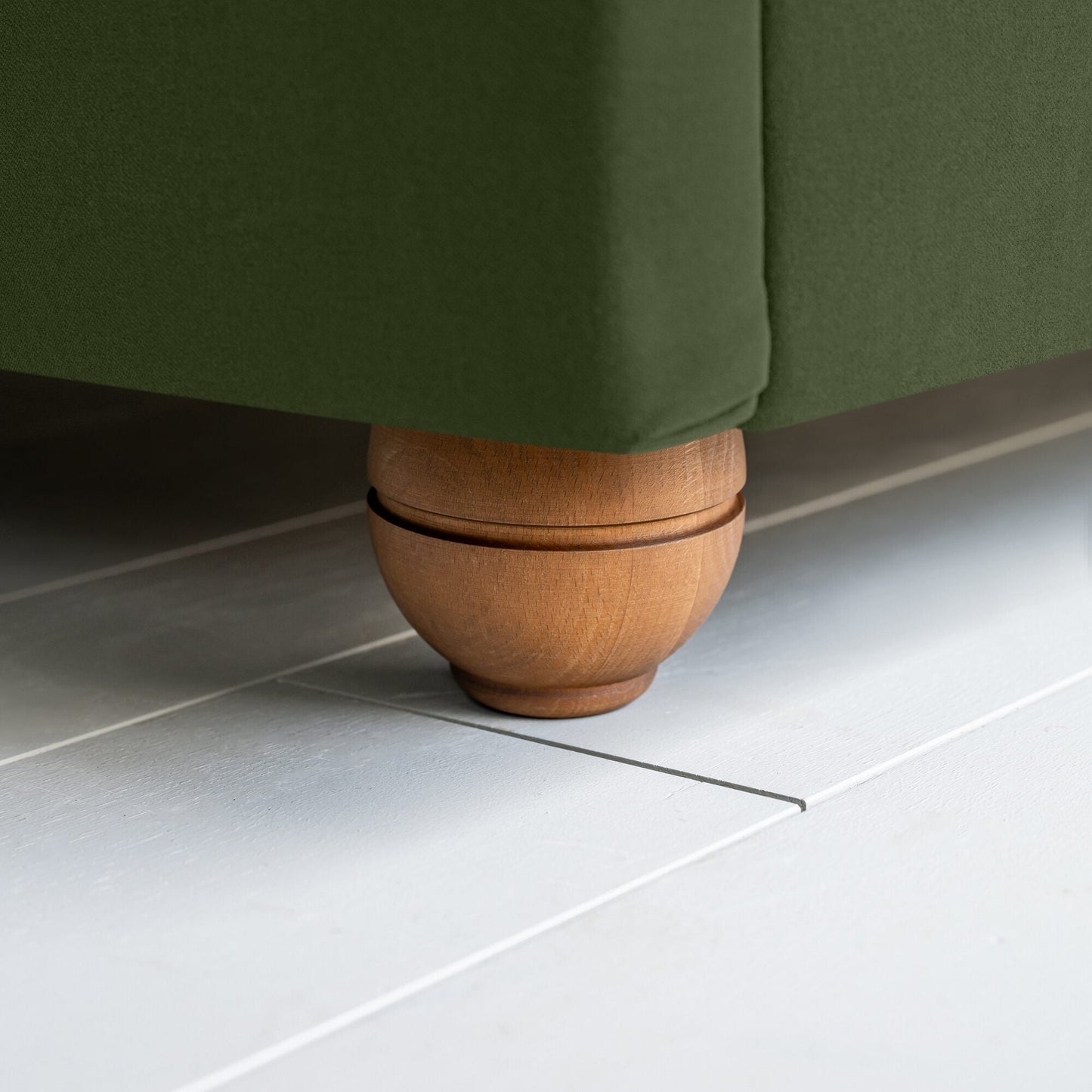 Seventh Heaven Upholstered Bed in Intelligent Velvet Juniper without Valance round wooden Foot.