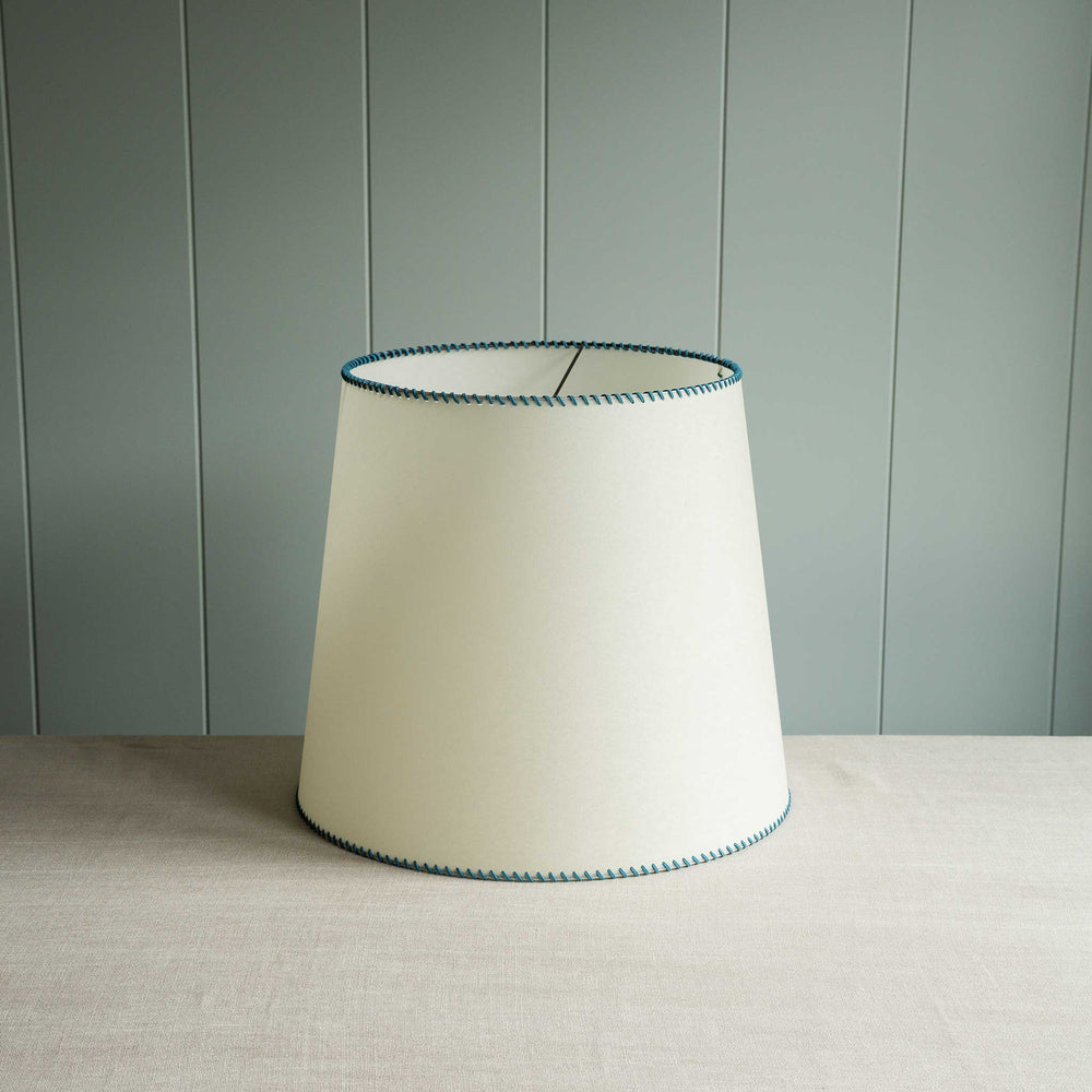 image of Large Rise Empire Lamp Shade in Natural Parchment with Peacock Blue Stitching