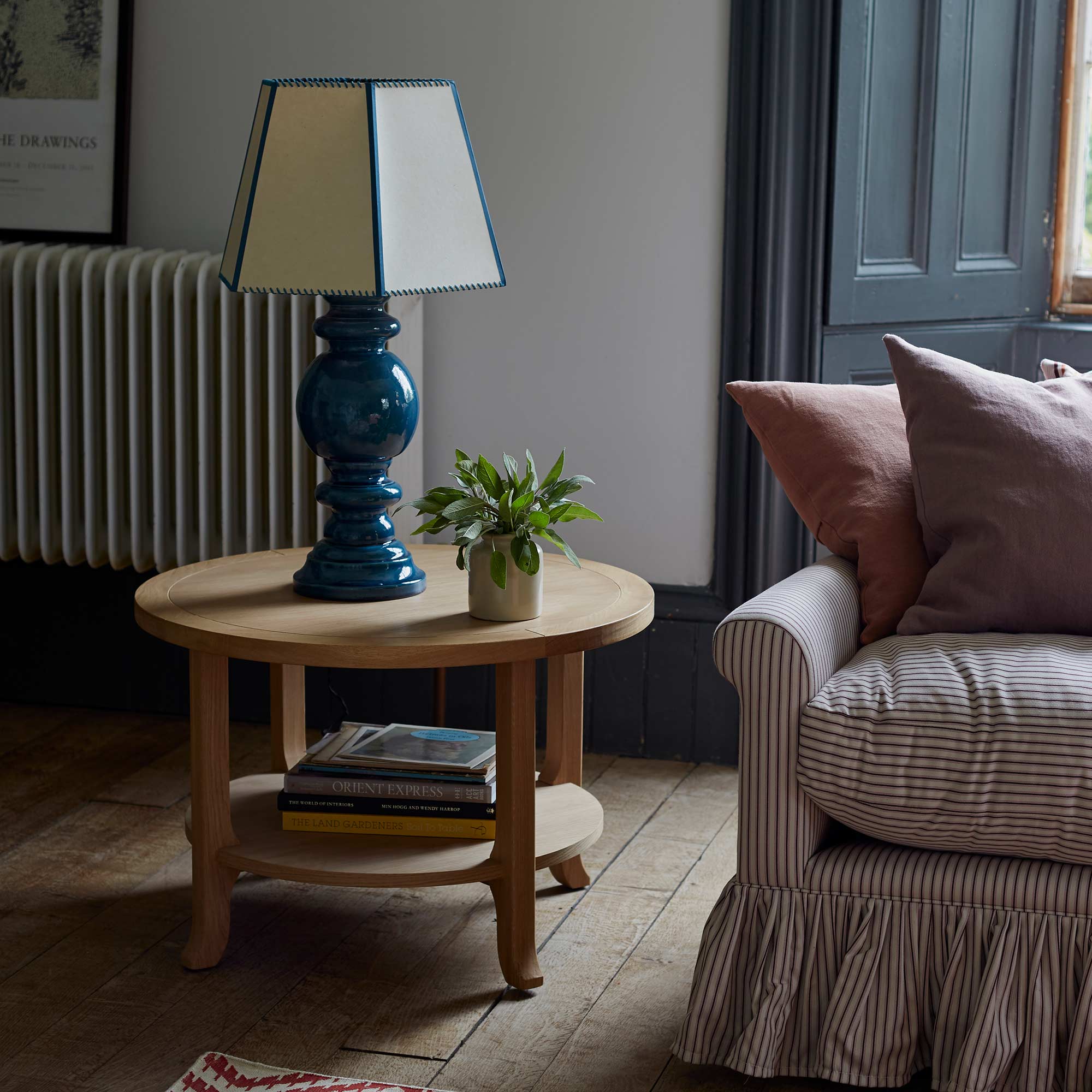  Townhouse Hexagonal Lamp Shade in Soft White with Peacock Blue Trim & Stitching 